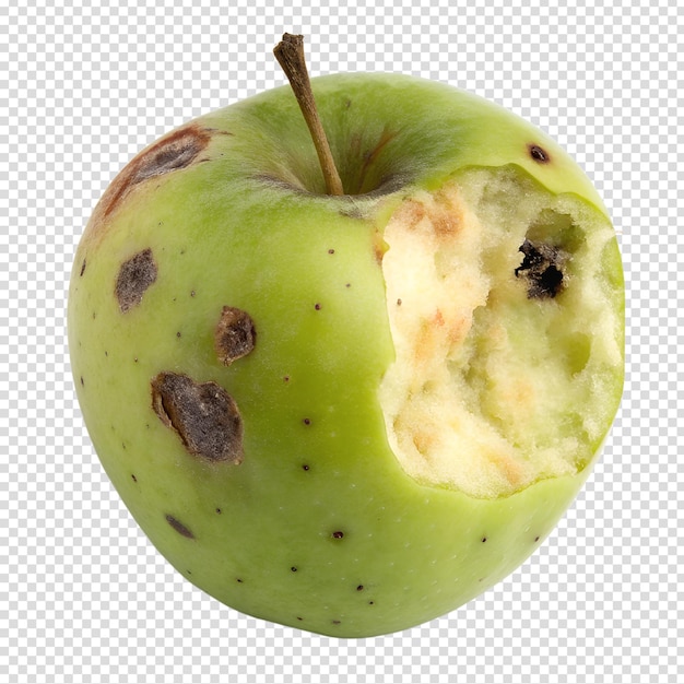 Manzana verde podrida parcialmente comida aislada concepto de deterioro de los alimentos alimentación no saludable