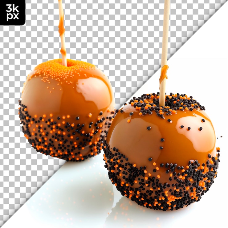 PSD manzanas de caramelo con salpicaduras de halloween aisladas sobre un fondo transparente