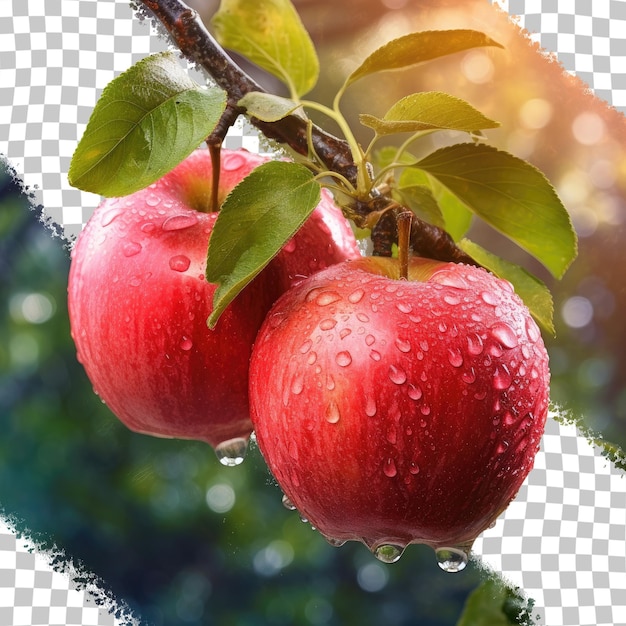 Las manzanas están en una rama con gotas de agua.