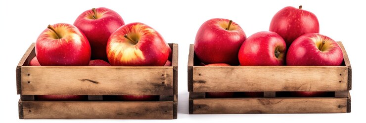PSD manzanas rojas en cajas de madera en superficie gris frutas vibrantes orgánicas sanas maduras frescas aisladas