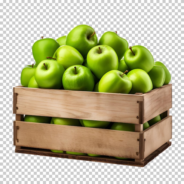 Manzanas verdes en caja de madera aisladas sobre un fondo transparente