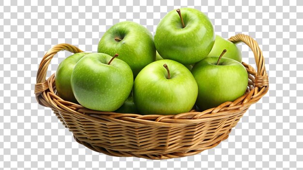 Manzanas verdes en una canasta aisladas sobre un fondo transparente