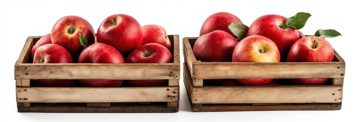 PSD manzanillas rojas en cajas de madera manzanillas orgánicas sanas y maduras en cajas de otoño