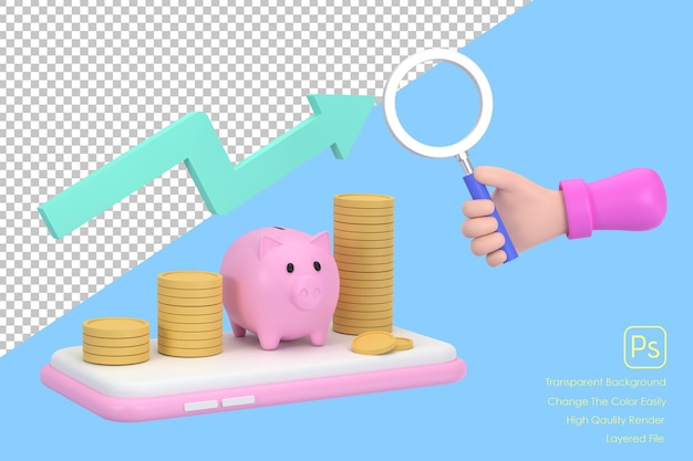 PSD mão 3d segurando lupa e moedas de cofrinho e conceito gráfico de negócios financeiros