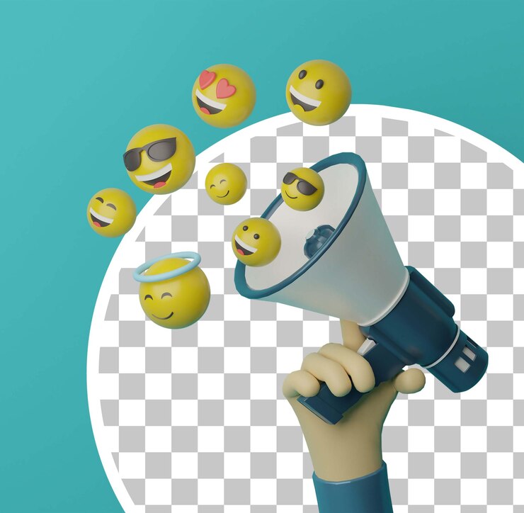 Mão 3D segurando o megafone com emoji voador para o conceito de propaganda