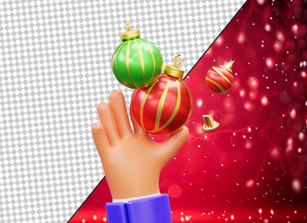 PSD mão 3d segurando ornamentos de natal