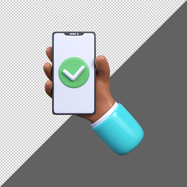 PSD mão 3d segurando um smartphone com uma marca de seleção na tela ícone verde