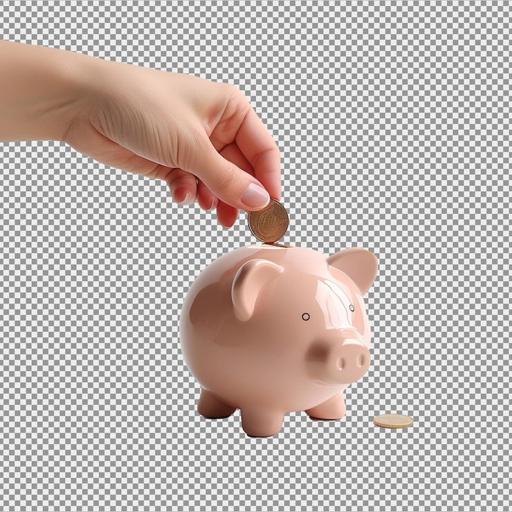 PSD mão colocando moeda no cofre rosa com fundo branco