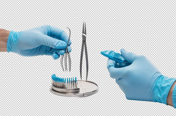 PSD mão com luva azul segurando as ferramentas dentárias com cuidado