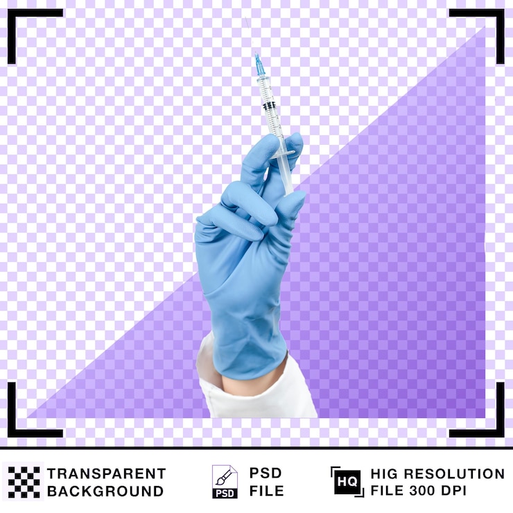 PSD mão com luva azul segurando seringa contra um fundo transparente