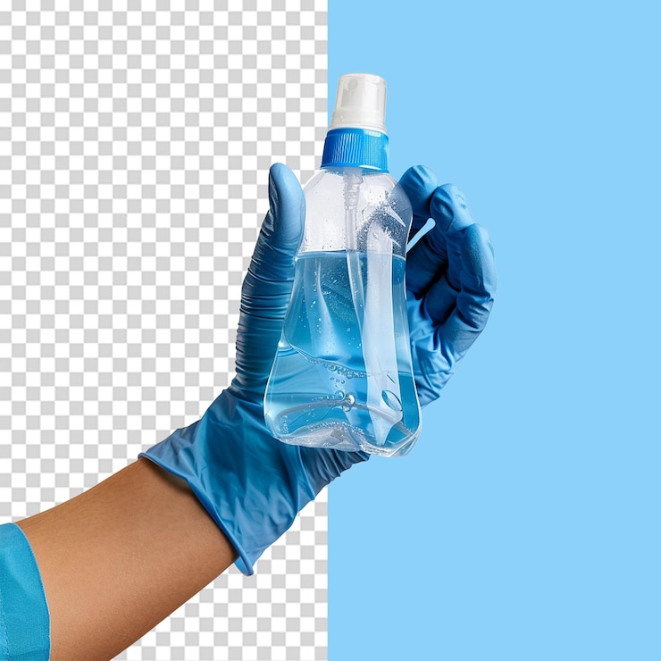 PSD mão com luva cirúrgica usando desinfetante de mãos isolado em fundo transparente