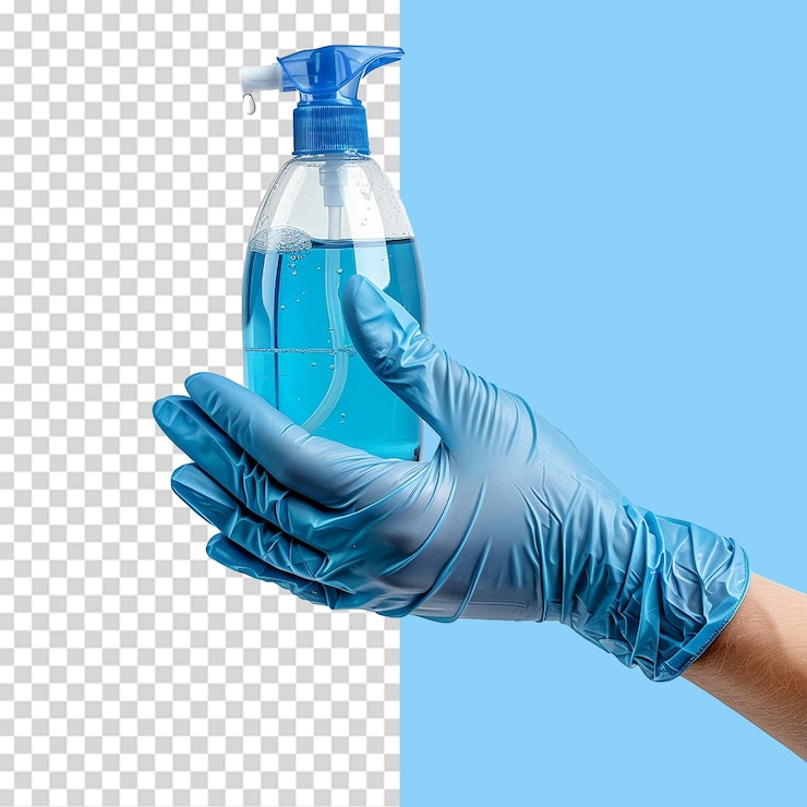 PSD mão com luva cirúrgica usando desinfetante de mãos isolado em fundo transparente