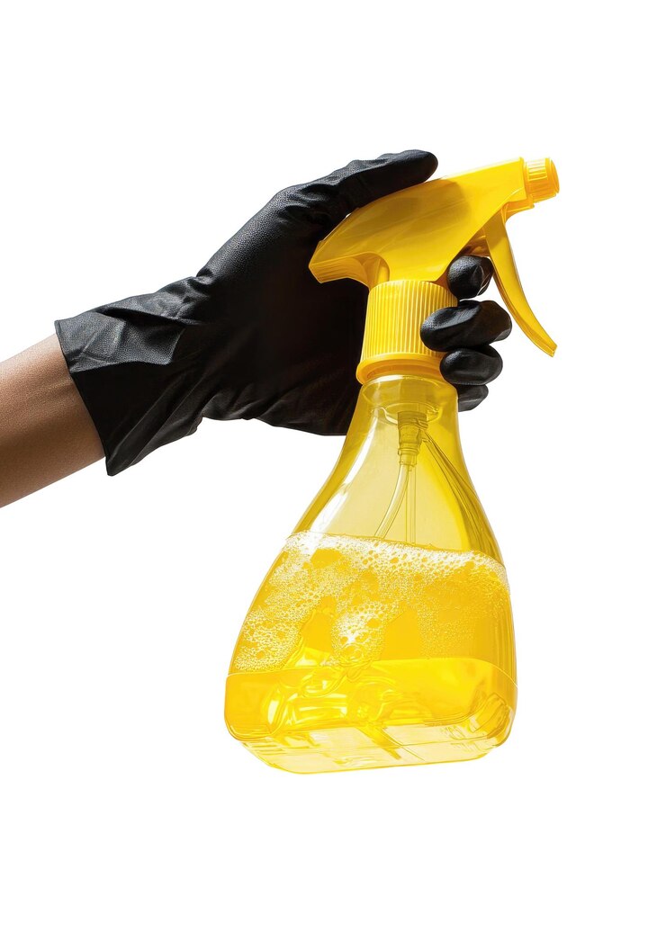 PSD mão com luvas segurando um produto de limpeza sem antecedentes ia gerativa