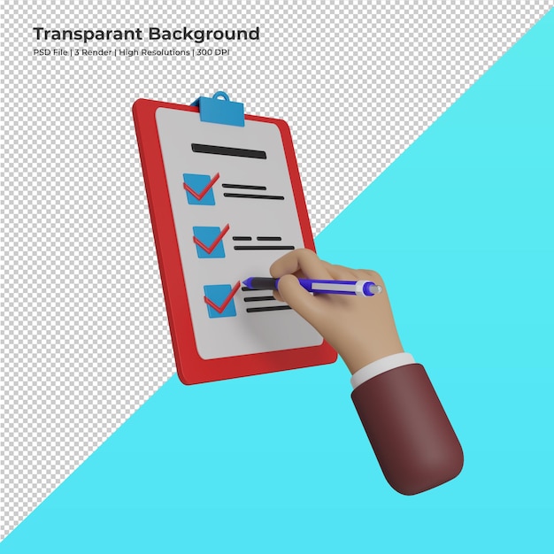 Mão de desenho 3d segurando o lápis de cheques o plano de ação no conceito de negócios da área de transferência psd file