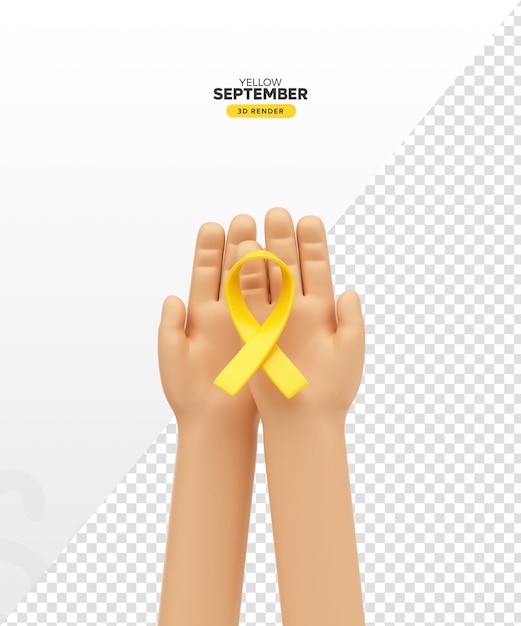 PSD mão de desenho animado 3d com fita amarela para a campanha de setembro amarelo