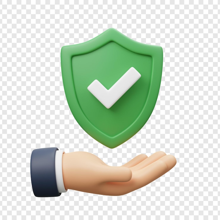 PSD mão de desenho animado 3d segurando escudo verde com marca de verificação em fundo transparente