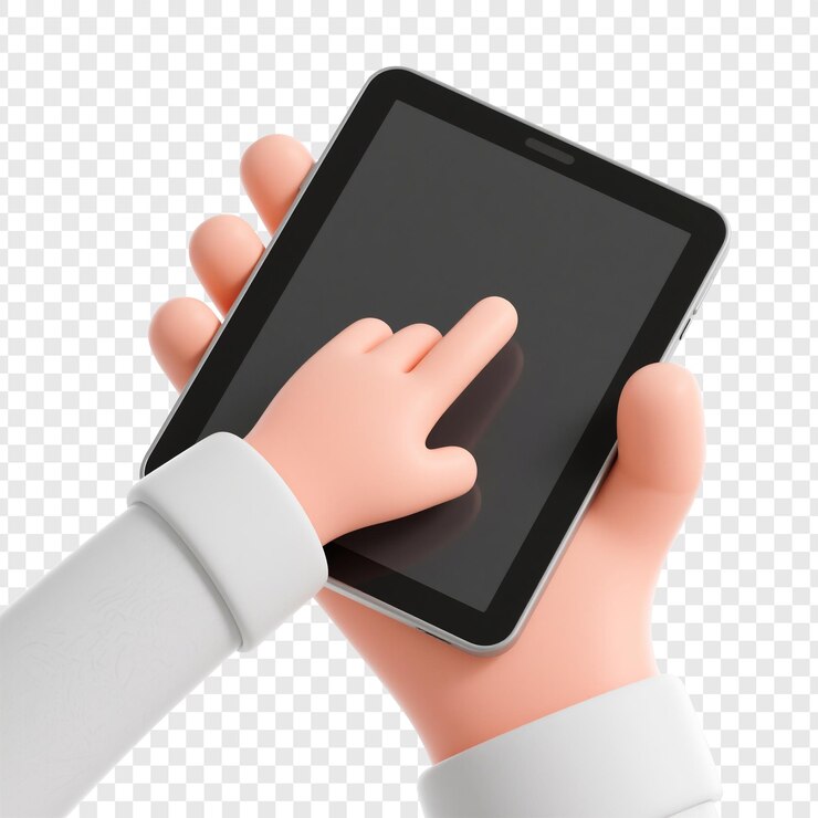 PSD mão de desenho animado interagindo com tablet