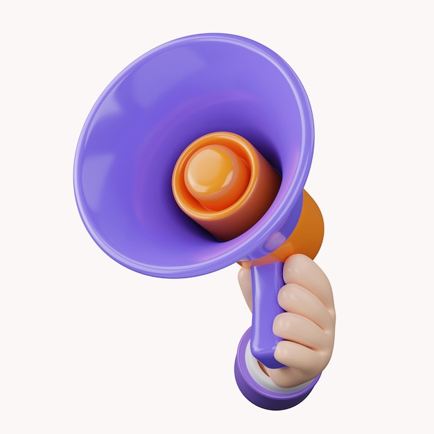 Mão de desenho animado segurando a renderização 3d do megafone no conceito de Marketing Digital de fundo branco isolado