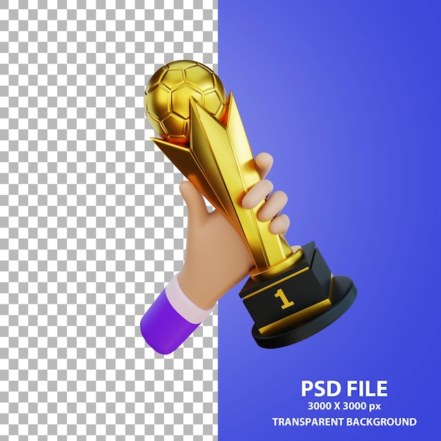 PSD mão de desenho animado segurando a taça de ouro renderização em 3d