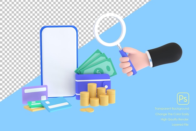Mão de desenho animado segurando lupa e telefone celular Conceito de finanças online