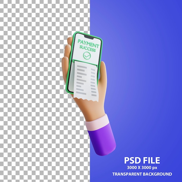 PSD mão de desenho animado segurando o sucesso do pagamento do smartphone renderização em 3d