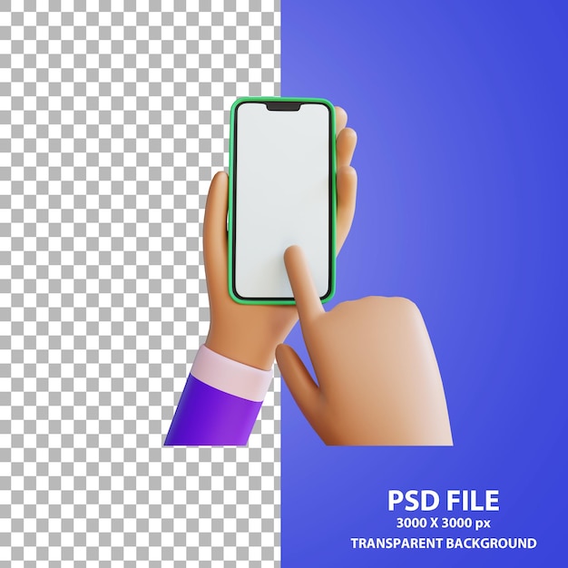 Mão de desenho animado segurando smartphone em branco renderização 3d branca