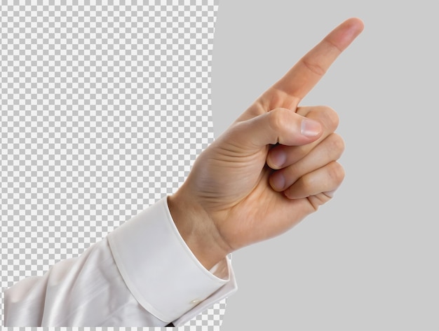 Mão de homem apontando para cima em fundo transparente