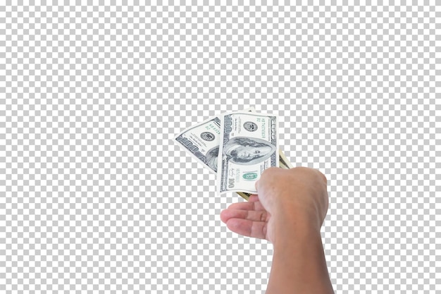Mão de homem segurando uma nota de 100 dólares americanos isolada no fundo branco Negócios e conceito financeiro