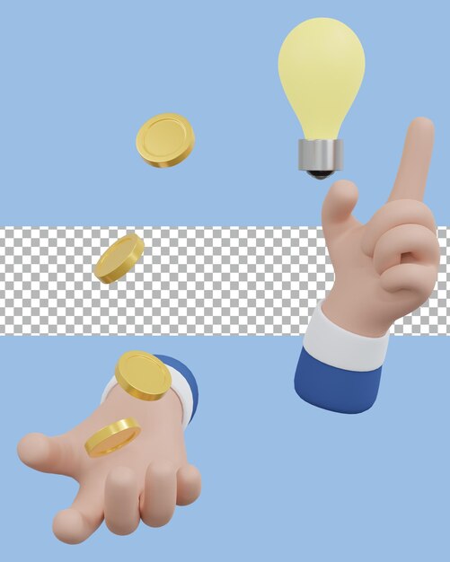 Mão de ideia de renderização 3D e moedas caindo transparentes