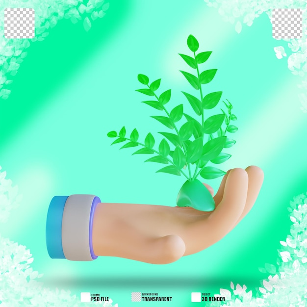 Mão de ilustração 3D e salvar plantas 3