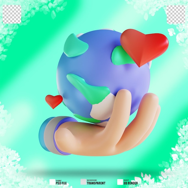 PSD mão de ilustração 3d e terra de amor 3