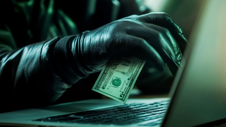 PSD mão de luva segurando dinheiro perto de laptop simbolizando cibercrime ou fraude on-line