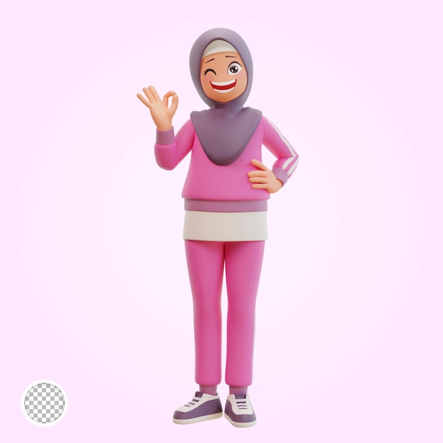 Mão de mostra esportiva de jovem muçulmana com símbolo ok 3d ilustração dos desenhos animados