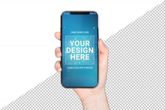 Mão de mulher segurando moderno smartphone mockup