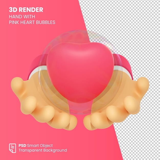 PSD mão de renderização 3d com bolhas de coração rosa