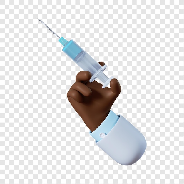Mão de um médico afro-americano de desenho animado segurando uma seringa