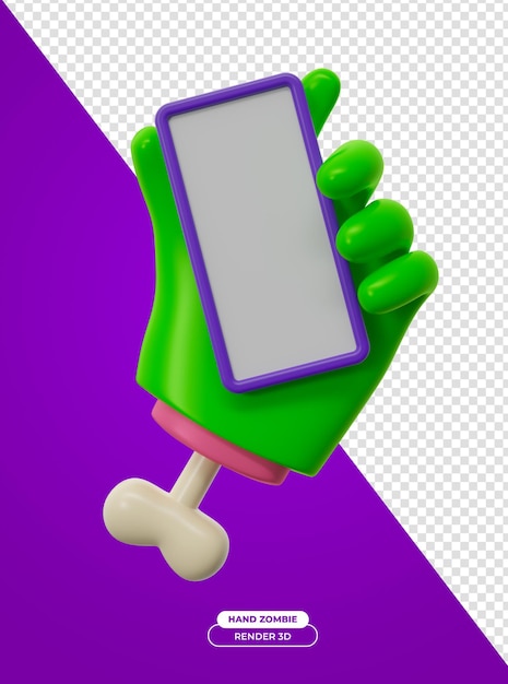PSD mão de zumbi verde com smartphone para halloween 3d render ilustração de desenho animado com parte traseira transparente