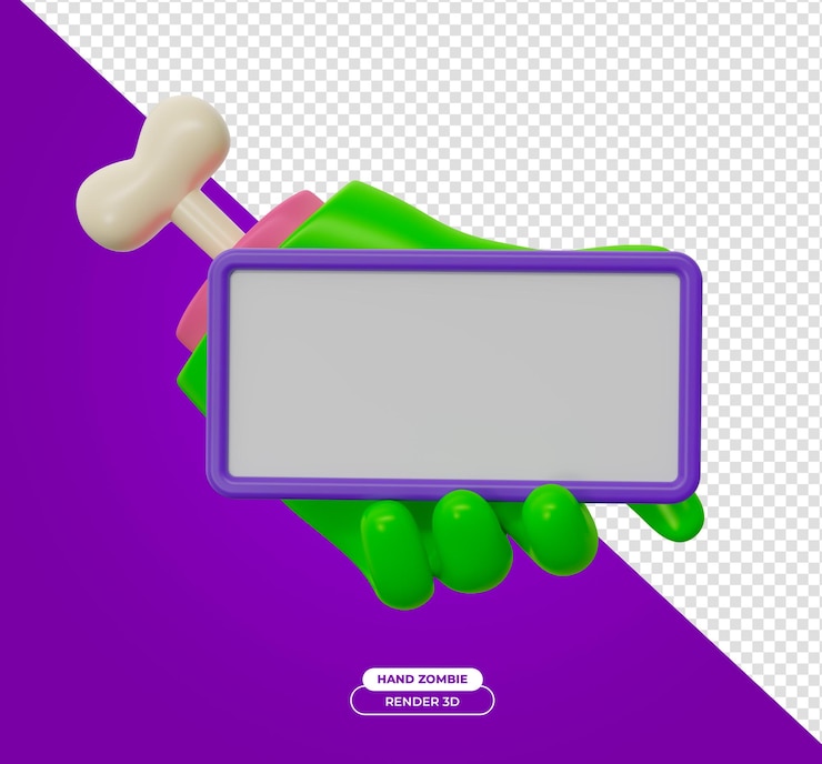 PSD mão de zumbi verde com smartphone para halloween 3d render ilustração de desenho animado com parte traseira transparente