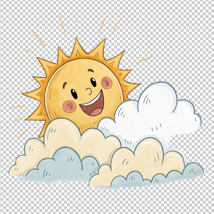 PSD mão desenhada um sol sorridente espreitando por trás de uma nuvem