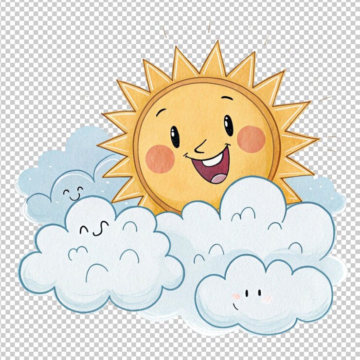 PSD mão desenhada um sol sorridente espreitando por trás de uma nuvem