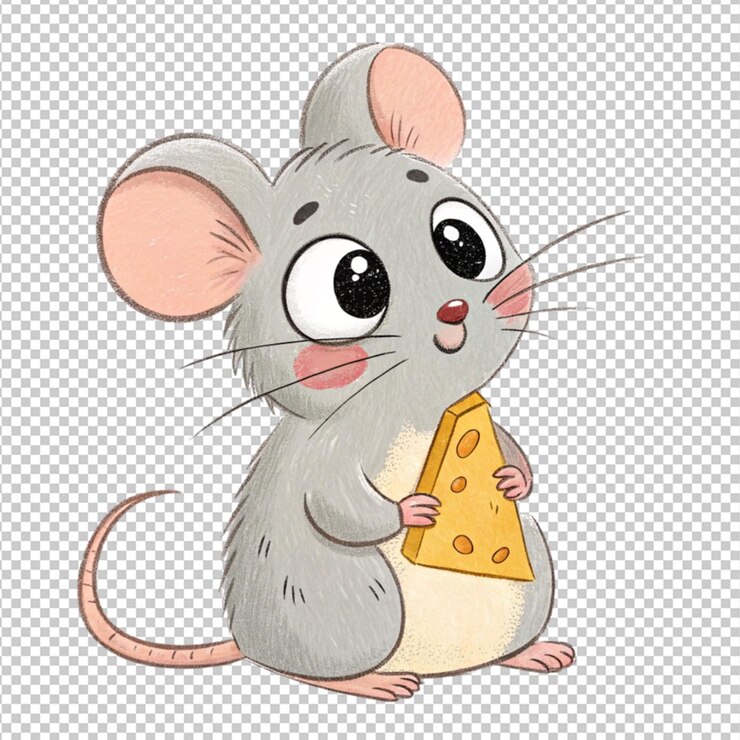 PSD mão desenhou um pequeno rato com um pedaço de queijo