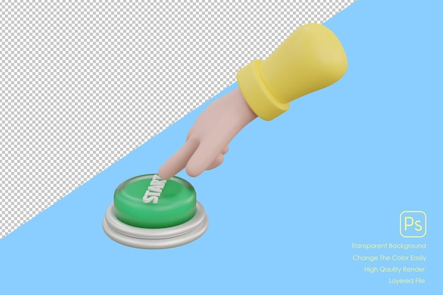 Mão dos desenhos animados 3d pressionando o controle do sistema de botão verde xa