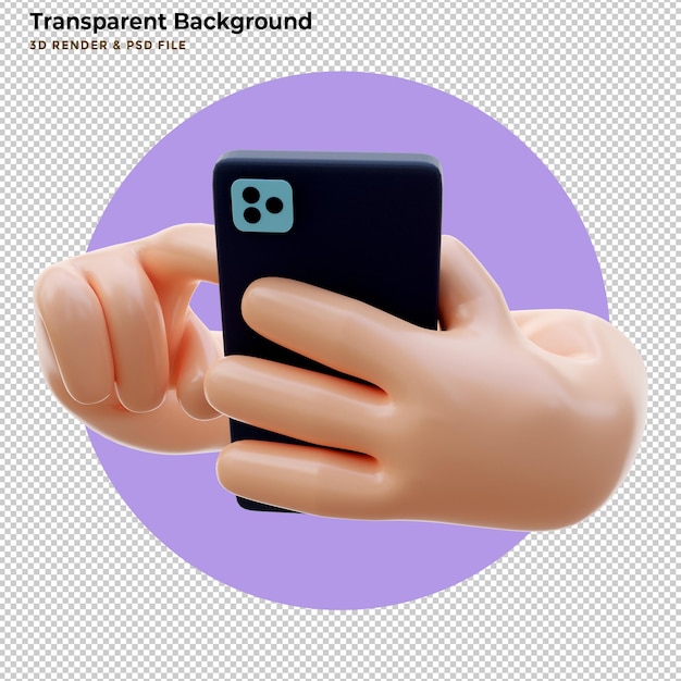 Mão dos desenhos animados 3D segurando o smartphone isolado no fundo roxo, mão usando a maquete do telefone móvel. Ilustração 3D render