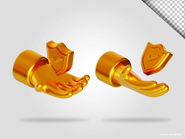 Mão dourada e escudo 3d render ilustração isolada