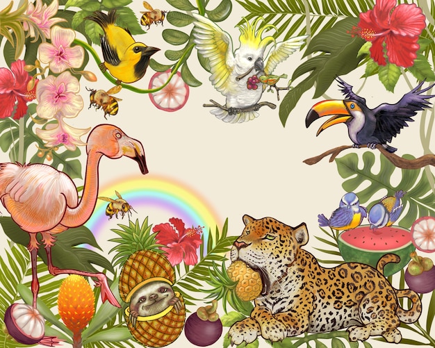 Mão drawnd floresta e animal