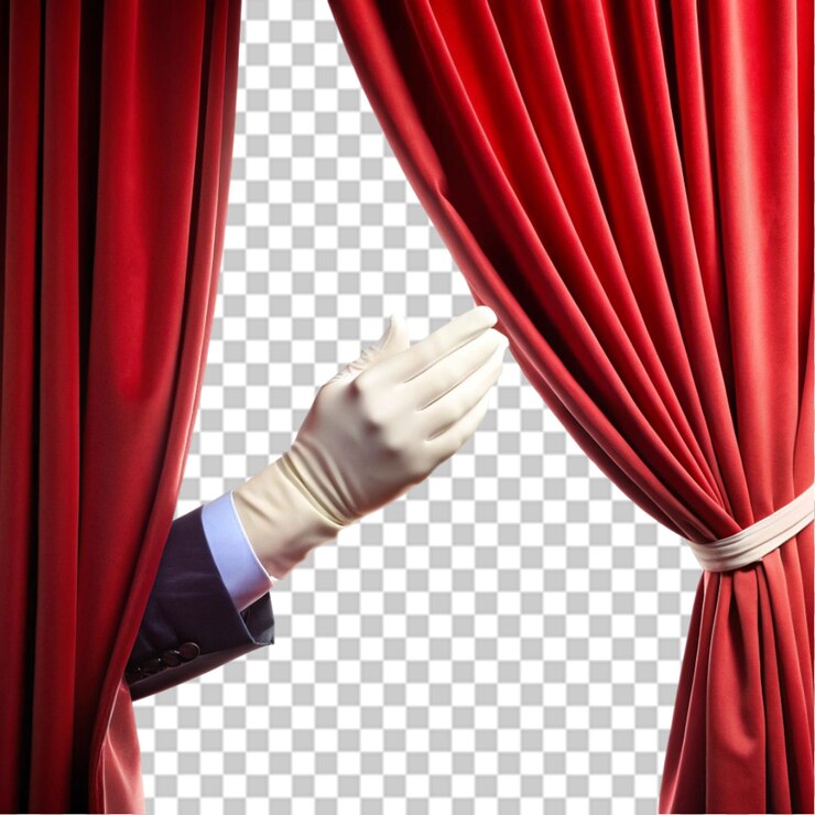 PSD mão elegante em luva branca puxa para trás cortinas vermelhas em fundo transparente
