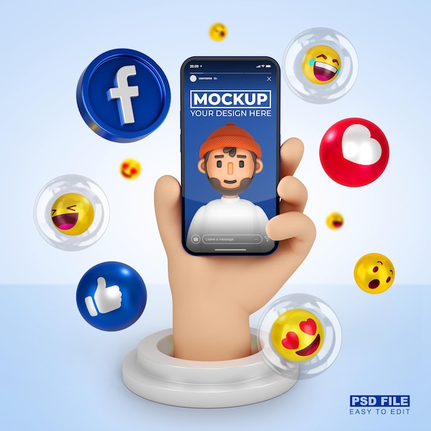 Mão fofa dos desenhos animados 3D com maquete de renderização 3D do smartphone