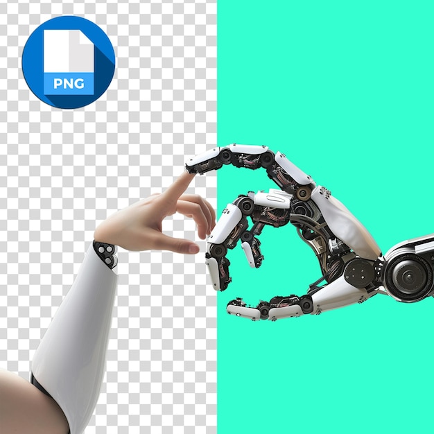 PSD mão humana transparente e mão robótica conexão entre humanos e tecnologia em dois mundos