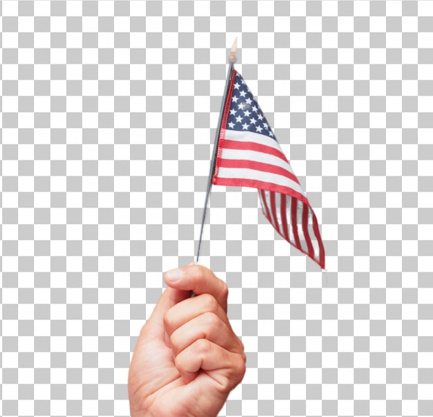 Mão masculina isolada segurando uma bandeira dos EUA