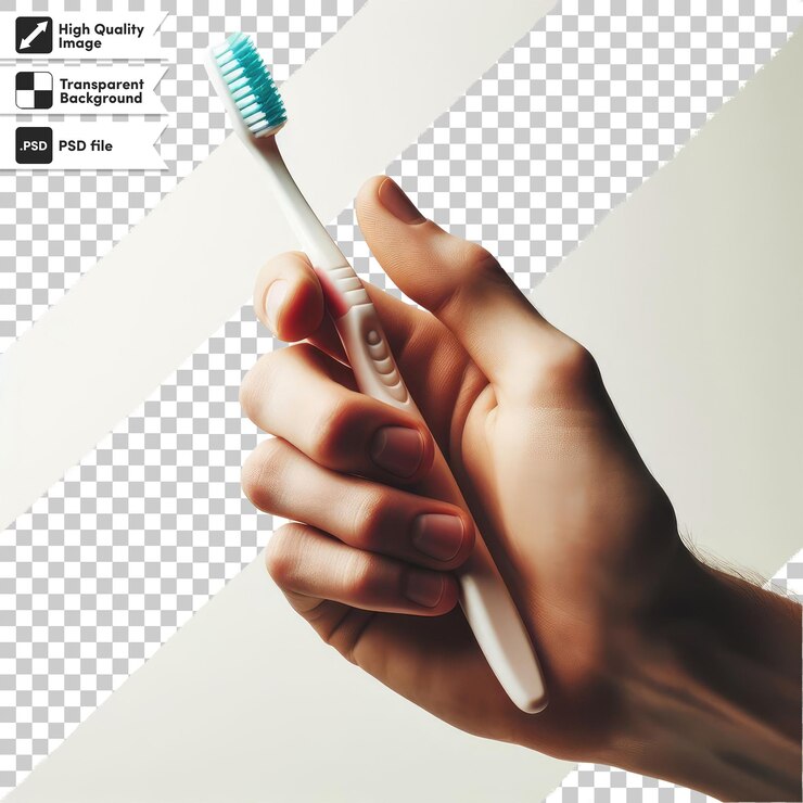 PSD mão psd com escova de dentes em fundo transparente com camada de máscara editável